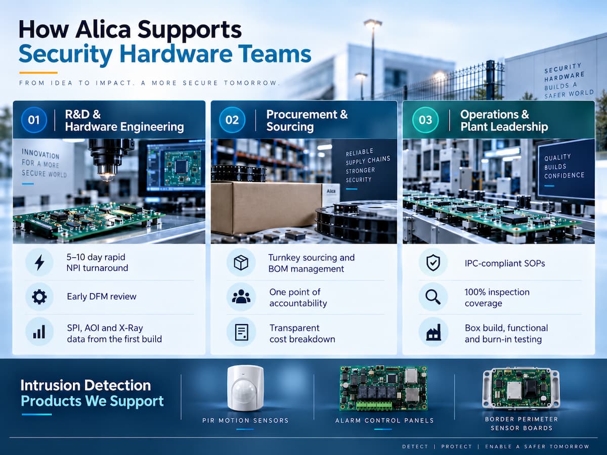 Electronics manufacturing support for R&D, procurement and operations teams building security hardware